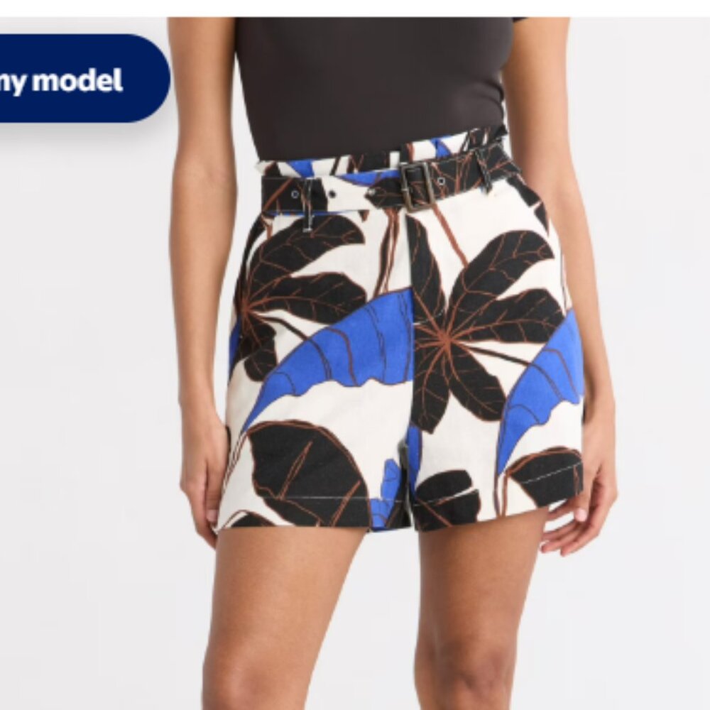 NWT Sofia Vergara blue/white/black/brown tropical print linen shorts size 4‎
